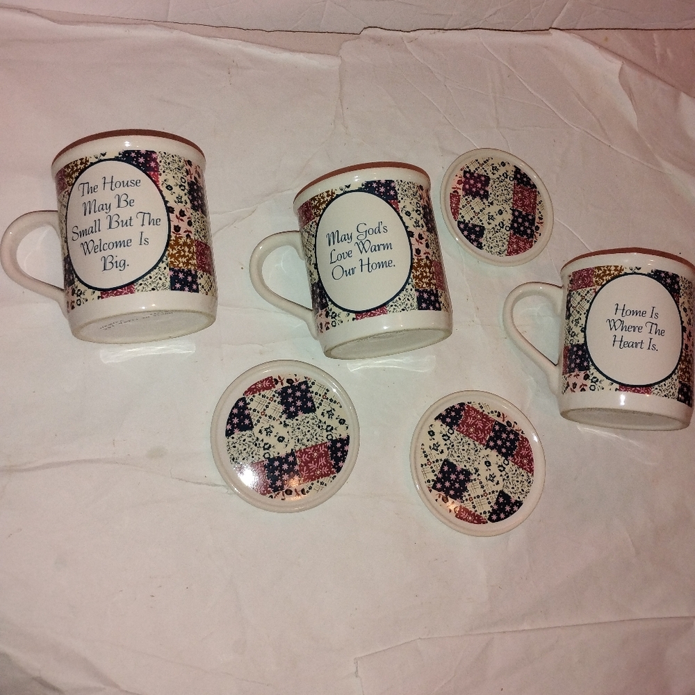Rare Set Of 3 Different House Of Lloyd 1988 Quilt Mugs W/lids
